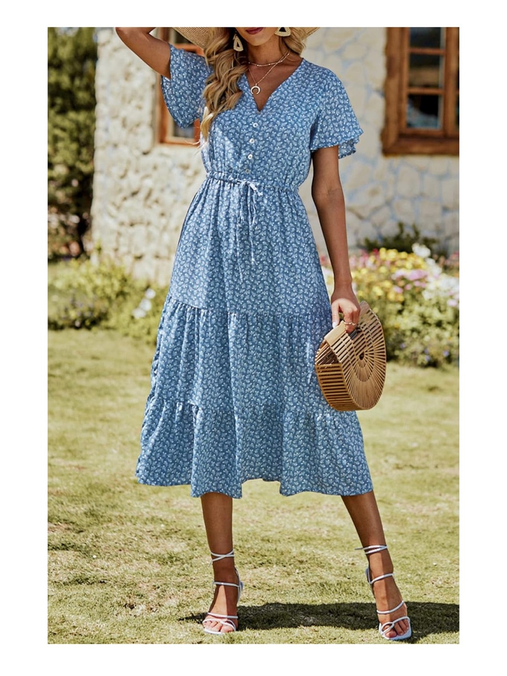 Blue Floral V-Neck Tiered Midi Dress - Picture 1 of 2